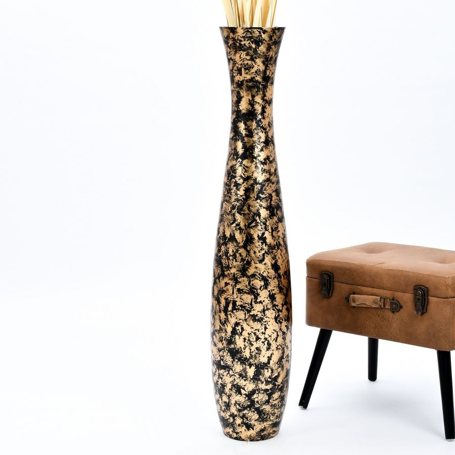 Leewadee Grote Hoge Vloervaas 105 cm - Handgemaakte Mangohout Vaas in Goud voor Pampasgras & Droogbloemen