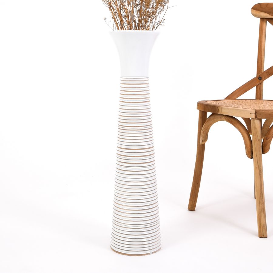 Leewadee Grote Hoge Vloervaas 65 cm - Handgemaakte Mangohout Vaas in Wit voor Pampasgras & Droogbloemen