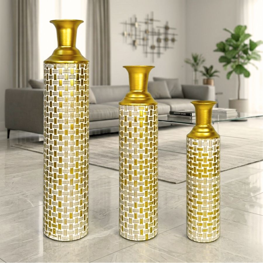 Leewadee Zestaw 3 Dużych Wazonów Podłogowych 65/53/41 cm - Wysokie Wazony z Metal w Złoty do Dekoracji Domu