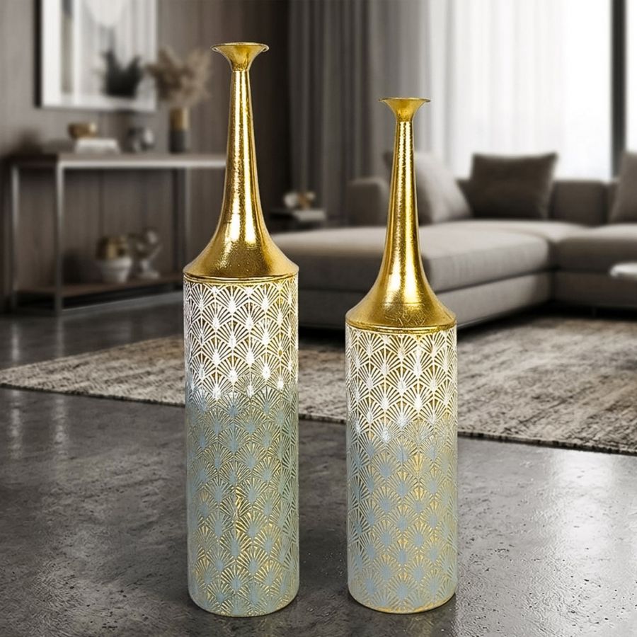 Leewadee Zestaw 2 Dużych Wazonów Podłogowych 65/55 cm - Wysokie Wazony z Metal w Złoty do Dekoracji Domu