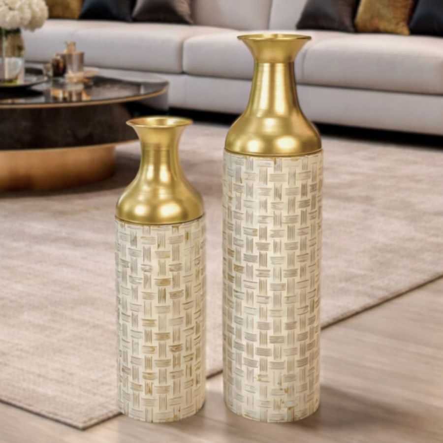 Leewadee Zestaw 2 Dużych Wazonów Podłogowych 53/41 cm - Wysokie Wazony z Metal w Złoty do Dekoracji Domu