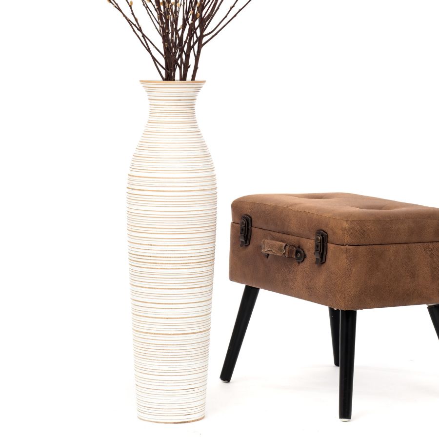 Leewadee Large Tall Floor Vase 65 cm - Handcrafted White Mango Wood Vase for Pampas Grass & Dried Flowers