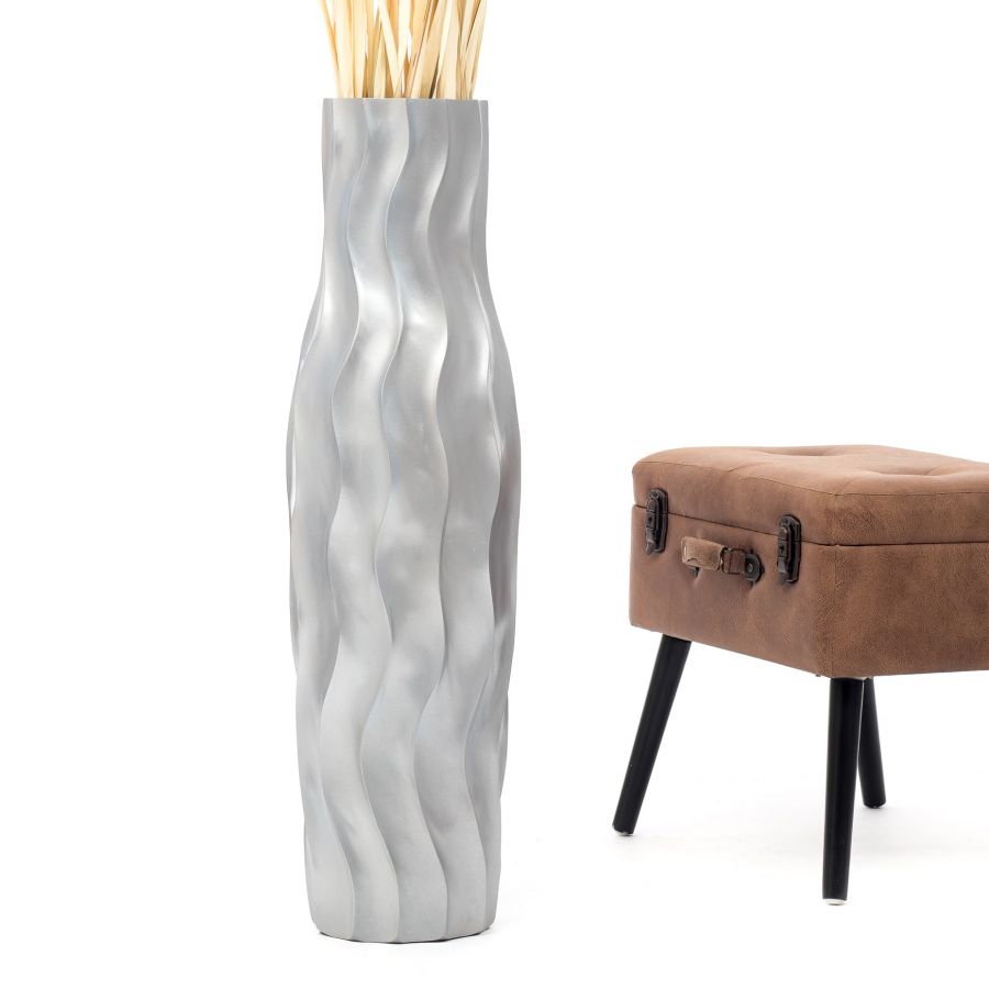 Leewadee Large Tall Floor Vase 85 cm - Handcrafted Silver Mango Wood Vase for Pampas Grass & Dried Flowers