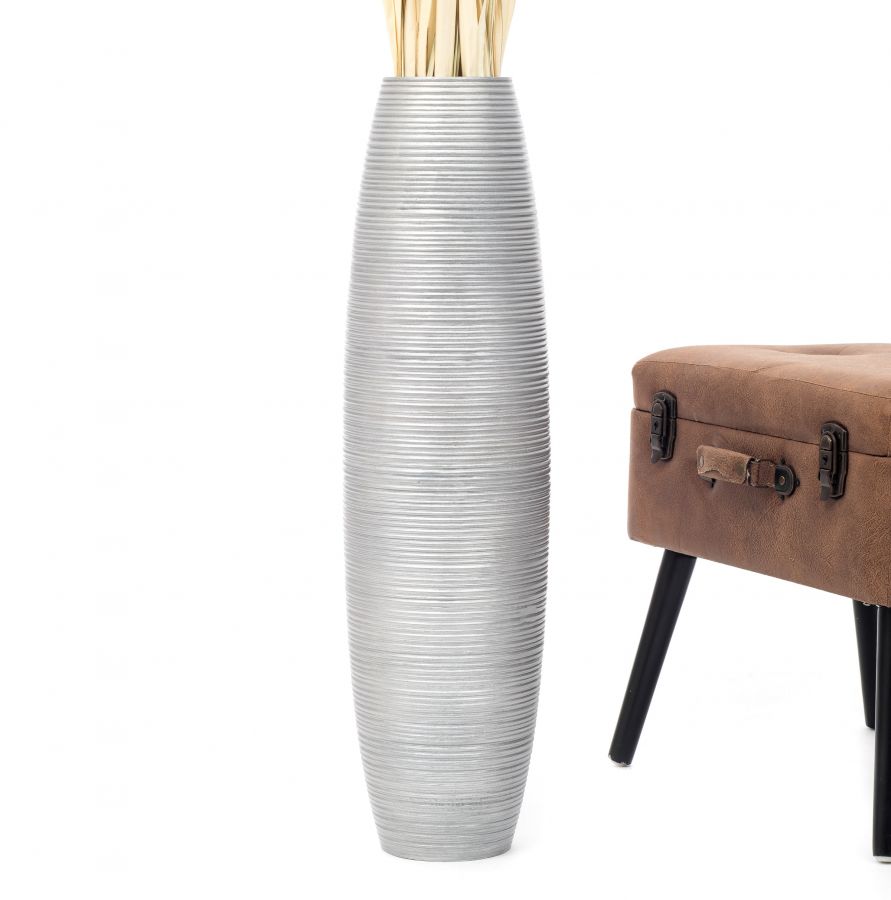 Leewadee Large Tall Floor Vase 65 cm - Handcrafted Silver Mango Wood Vase for Pampas Grass & Dried Flowers