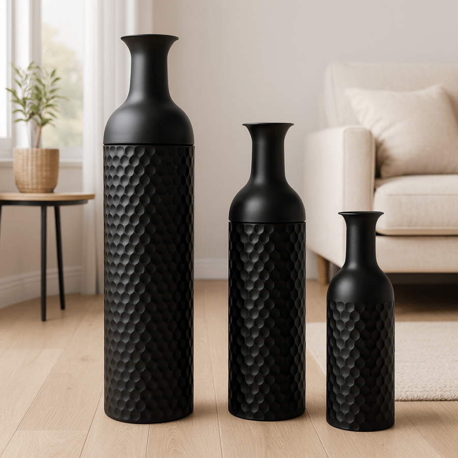 Leewadee Set of 3 Large Floor Vases 65/53/41 cm - Tall Metal Decorative Vases in Black for Home Decor