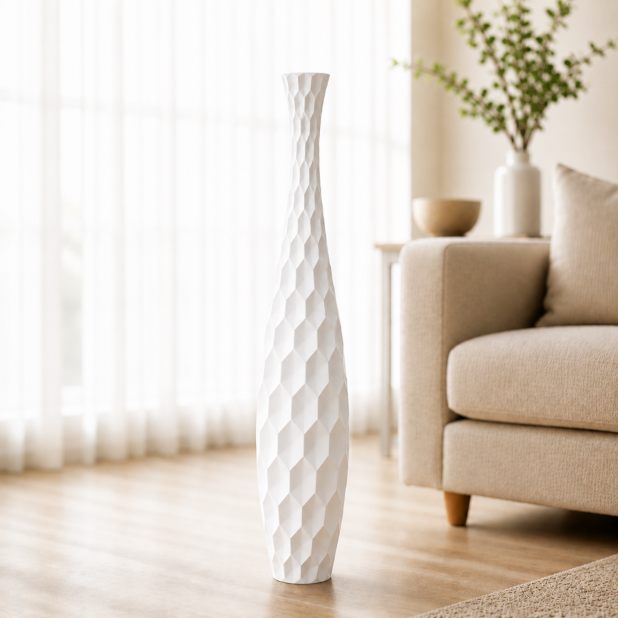Leewadee Large Tall Floor Vase 85 cm - Handcrafted White Mango Wood Vase for Pampas Grass & Dried Flowers